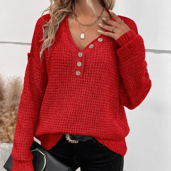 Casual Button detailed knit Sweater top red - Picture 3 of 5